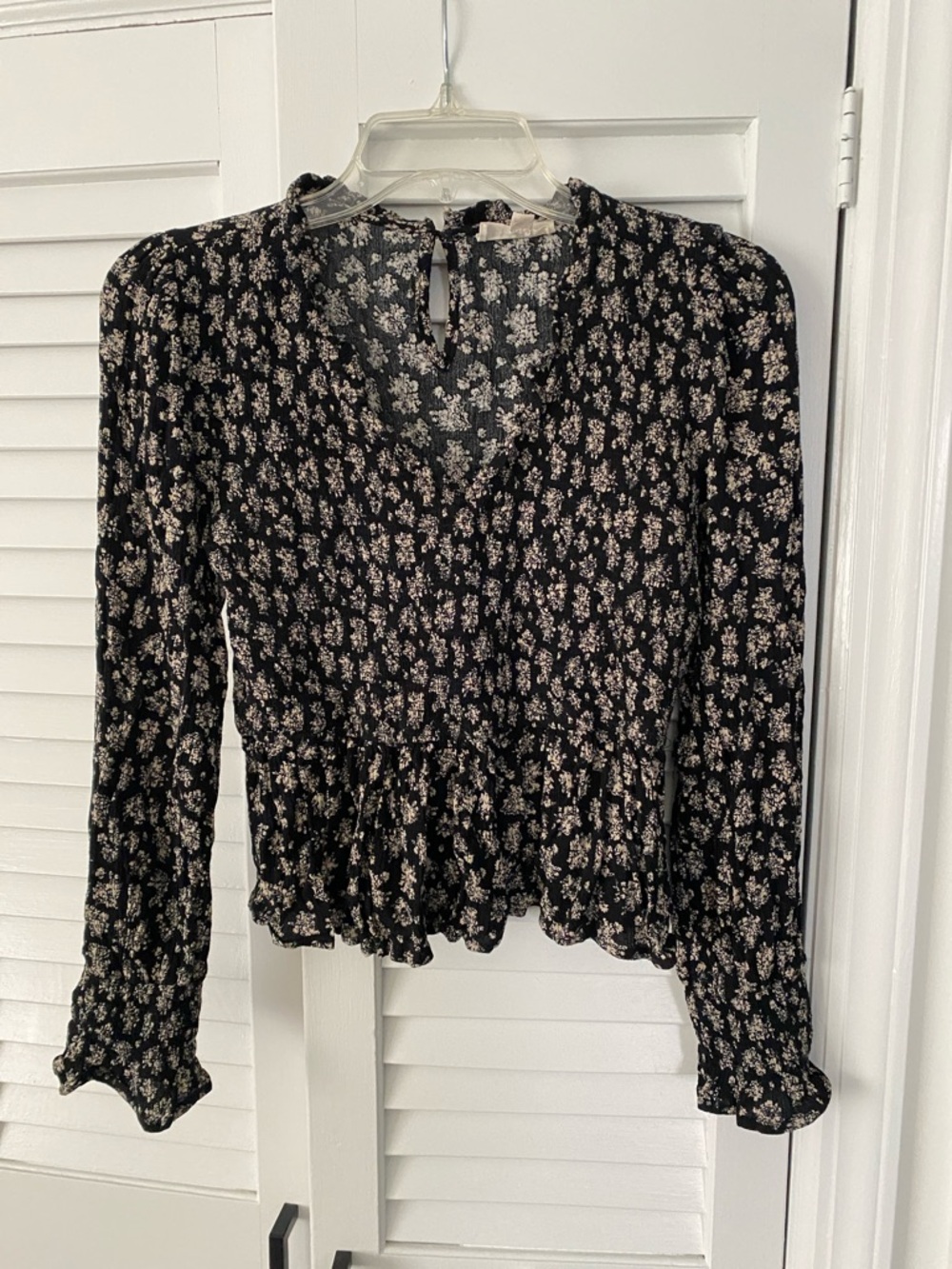 Promesa Black Floral Peplum Blouse with Cream Print